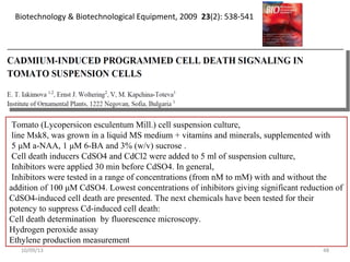 Tomato (Lycopersicon esculentum Mill.) cell suspension culture,
line Msk8, was grown in a liquid MS medium + vitamins and minerals, supplemented with
5 μM a-NAA, 1 μM 6-BA and 3% (w/v) sucrose .
Cell death inducers CdSO4 and CdCl2 were added to 5 ml of suspension culture,
Inhibitors were applied 30 min before CdSO4. In general,
Inhibitors were tested in a range of concentrations (from nM to mM) with and without the
addition of 100 μM CdSO4. Lowest concentrations of inhibitors giving significant reduction of
CdSO4-induced cell death are presented. The next chemicals have been tested for their
potency to suppress Cd-induced cell death:
Cell death determination by fluorescence microscopy.
Hydrogen peroxide assay
Ethylene production measurement
4810/09/13
Biotechnology & Biotechnological Equipment, 2009 23(2): 538-541
 