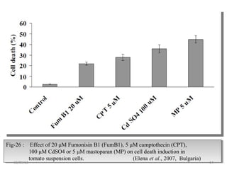 Fig-26 : Effect of 20 μM Fumonisin B1 (FumB1), 5 μM camptothecin (CPT),
100 μM CdSO4 or 5 μM mastoparan (MP) on cell death induction in
tomato suspension cells. (Elena et al., 2007, Bulgaria)
Fig-26 : Effect of 20 μM Fumonisin B1 (FumB1), 5 μM camptothecin (CPT),
100 μM CdSO4 or 5 μM mastoparan (MP) on cell death induction in
tomato suspension cells. (Elena et al., 2007, Bulgaria)
5410/09/13
 