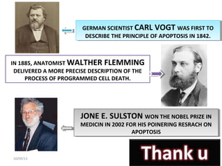 10/09/13 57
GERMAN SCIENTIST CARL VOGT WAS FIRST TO
DESCRIBE THE PRINCIPLE OF APOPTOSIS IN 1842.
GERMAN SCIENTIST CARL VOGT WAS FIRST TO
DESCRIBE THE PRINCIPLE OF APOPTOSIS IN 1842.
IN 1885, ANATOMIST WALTHER FLEMMING
DELIVERED A MORE PRECISE DESCRIPTION OF THE
PROCESS OF PROGRAMMED CELL DEATH.
JONE E. SULSTON WON THE NOBEL PRIZE IN
MEDICIN IN 2002 FOR HIS POINERING RESRACH ON
APOPTOSIS
JONE E. SULSTON WON THE NOBEL PRIZE IN
MEDICIN IN 2002 FOR HIS POINERING RESRACH ON
APOPTOSIS
 