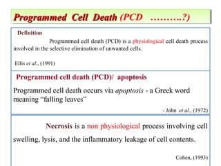 Definition
Programmed cell death (PCD) is a physiological cell death process
involved in the selective elimination of unwanted cells.
Ellis et al., (1991)
Necrosis is a non physiological process involving cell
swelling, lysis, and the inflammatory leakage of cell contents.
Cohen, (1993)
Programmed Cell DeathProgrammed Cell Death (PCD ……….?)Programmed Cell DeathProgrammed Cell Death (PCD ……….?)
Programmed cell death (PCD)/ apoptosis
Programmed cell death occurs via apoptosis - a Greek word
meaning “falling leaves”
- John et al., (1972)
 