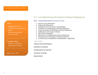 Description détaillée du module 2.




                                      2.1 – Les élémentaux de hautes et basses fréquences
                                      Date : samedi/dimanche de 9 h 30 à 17 h 30
     Coûts :                              •   Qu’est-ce qu’un élémental ?
                                          •   Création des élémentaux
     • Étudiant inscrit à la              •   Explications sur leurs rôles et caractéristiques
       formation professionnelle :        •   Travailler avec les élémentaux de hautes fréquences
       255 $                              •   À quoi reconnaître les élémentaux de basses fréquences
       (déductible d’impôts               •   Explications sur les anges et démons
                                          •   Que sont les archanges ?
       et non taxable)                    •   Quoi faire avec les élémentaux de basses fréquences
                                          •   Désactivation des élémentaux de basses fréquences
     __________________________
                                          •   La clairvoyance, clairaudience et clairsentience - explications
     __
     • Auditeur libre :               Après l’atelier :
        250 $ (+ txs) = 287,44 $      APPLICATIONS PRATIQUES
        (déductible d’impôts)
     __________________________       RAPPORT D’ATELIER
     __                               SUPERVISION DE GROUPE

     Dépôt requis : 50 $              JOURNAL DE BORD

                                      MÉDITATION




17
 