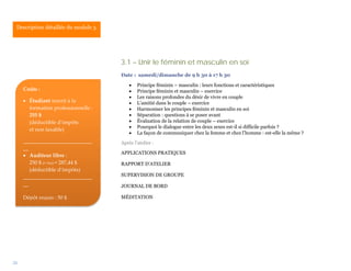 Description détaillée du module 3.




                                      3.1 – Unir le féminin et masculin en soi
                                      Date : samedi/dimanche de 9 h 30 à 17 h 30

                                          •   Principe féminin – masculin : leurs fonctions et caractéristiques
     Coûts :                              •   Principe féminin et masculin – exercice
                                          •   Les raisons profondes du désir de vivre en couple
     • Étudiant inscrit à la              •   L’amitié dans le couple – exercice
       formation professionnelle :        •   Harmoniser les principes féminin et masculin en soi
       255 $                              •   Séparation : questions à se poser avant
       (déductible d’impôts               •   Évaluation de la relation de couple – exercice
                                          •   Pourquoi le dialogue entre les deux sexes est-il si difficile parfois ?
       et non taxable)
                                          •   La façon de communiquer chez la femme et chez l’homme : est-elle la même ?
     __________________________       Après l’atelier :
     __
                                      APPLICATIONS PRATIQUES
     • Auditeur libre :
        250 $ (+ txs) = 287,44 $      RAPPORT D’ATELIER
        (déductible d’impôts)
     __________________________       SUPERVISION DE GROUPE
     __                               JOURNAL DE BORD

     Dépôt requis : 50 $              MÉDITATION




24
 