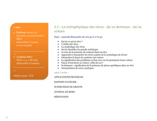 Coûts :                         3.2 – La métaphysique des rêves - de sa demeure - de sa
     • Étudiant inscrit à la         voiture
       formation professionnelle :
                                     Date : samedi/dimanche de 9 h 30 à 17 h 30
       255 $
       (déductible d’impôts              •   Qu’est-ce qu’un rêve ?
                                         •   L’utilité des rêves
       et non taxable)
                                         •   La symbolique des rêves
     __________________________          •   Savoir identifier les grands archétypes
                                         •   Le sens de la présence de couleurs dans un rêve
     __                                  •   Apprendre à interpréter les rêves à partir de la symbolique du rêveur
     • Auditeur libre :                  •   Interpréter la façon de conduire une voiture
        250 $ (+ txs) = 287,44 $         •   La signification des problèmes en lien avec un bri prématuré d’une voiture
        (déductible d’impôts)            •   Façon d’entretenir sa voiture: reflet de soi ?
                                         •   Sa demeure : signification de la présence de pièces spécifiques dans un rêve
     __________________________
                                         •   Interprétation de rêves: pratiques
     __
                                     Après l’atelier :
     Dépôt requis : 50 $
                                     APPLICATIONS PRATIQUES

                                     RAPPORT D’ATELIER

                                     SUPERVISION DE GROUPE

                                     JOURNAL DE BORD

                                     MÉDITATION




25
 