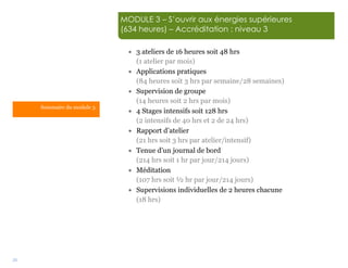 24
MODULE 3 – S’ouvrir aux énergies supérieures
(634 heures) – Accréditation : niveau 3
 3 ateliers de 16 heures soit 48 hrs
(1 atelier par mois)
 Applications pratiques
(84 heures soit 3 hrs par semaine/28 semaines)
 Supervision de groupe
(14 heures soit 2 hrs par mois)
 4 Stages intensifs soit 128 hrs
(2 intensifs de 40 hrs et 2 de 24 hrs)
 Rapport d’atelier
(21 hrs soit 3 hrs par atelier/intensif)
 Tenue d’un journal de bord
(214 hrs soit 1 hr par jour/214 jours)
 Méditation
(107 hrs soit ½ hr par jour/214 jours)
 Supervisions individuelles de 2 heures chacune
(18 hrs)
Sommaire du module 3.
 