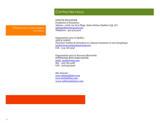 36
Contactez-nous
ODETTE PELLETIER
Fondatrice et formatrice
Adresse : 1008, rue de la Plage, Saint-Jérôme (Québec) J5L 2C7
odettepelletier9@gmail.com
Téléphone : 450.504.4216
Organisatrice pour le Québec :
ANICK LEMAY
Directrice Institut de formation en relations humaines et soin énergétique
anick@moncoachprofessionnel.com
Cell. : 514-726-3347
Organisatrice pour le Nouveau-Brunswick
STÉPHANIE BOUCHER-HACHÉ
steph_acadie@msn.com
Rés. : 506.783.4168
Cell. : 506.543.5946
Site Internet :
www.odettepelletier.com
www.institutfrhse.com
www.editionsdeletre.com
N’hésitez pas à communiquer
avec nous.
 