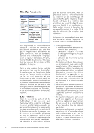 Programme de maintenance des équipements médicaux : présentation générale26
non programmée, ou une combinaison
des deux. La flexibilité des conditions de
ces accords de services peut être utile
pour le responsable du département de
génie biomédical ; mais ces conditions
doivent être parfaitement comprises
avant la signature de l’accord. De plus,
il est préférable de vérifier les références
des fournisseurs de services avant la
passation du contrat.
Après la mise en place d’un de contrats
de services, il est essentiel de contrôler
la performance du fournisseur. Cela
permet de s’assurer que les conditions
de l’accord sont respectées et que
l’organisme de soins de santé reçoit les
services dont il a besoin. L’ensemble des
activités de maintenance externalisées et
des coûts associés doit par ailleurs être
consigné (dans un système de gestion de
la maintenance assistée par ordinateur,
le cas échéant) et examiné à intervalles
réguliers.
5.2.2	Formation
Pour la sécurité du patient et de
l’utilisateur, il est essentiel que
l’utilisateur et le personnel technique
reçoivent une formation adéquate. Le
personnel technique et le responsable
du département de génie biomédical ont
la double responsabilité de s’assurer que
le personnel technique et les utilisateurs
au sein du personnel médical sont
informés, formés et compétents pour la
réalisation de leurs tâches spécifiques.
La formation et l’information ne sont
pas des activités ponctuelles, mais un
processus continu. Faire comprendre
au personnel que cet apprentissage est
essentiel et fait partie intégrante de son
travail contribuera à la résolution des
problèmes, qui surviendront par la suite,
avec une fiabilité et un succès accrus.
Cette section présente la formation du
personnel technique et la partie 5.3.9
aborde brièvement la formation des
utilisateurs.
La formation du personnel technique peut
être assurée au sein de l’organisme de
soins de santé, sous différentes formes :
•	 Auto-apprentissage :
›› lecture des manuels d’entretien du
matériel et de formation ;
›› utilisation d’autres supports
d’auto-apprentissage fournis par
le fabricant ;
›› utilisation de documents fournis
par un tiers.
•	 Formation individuelle dispensée par
un professionnel plus expérimenté
appartenant au même organisme. Ce
peut être un médecin hospitalier qui
apprend aux techniciens en matériel
biomédical comment fonctionne
le dispositif, par exemple, ou un
technicien qui maîtrise le dispositif
et guide ses collègues dans la
maintenance et le fonctionnement
de celui-ci.
•	 Le technicien en matériel biomédical
peut suivre une session de formation
destinée au personnel infirmier et
aux autres utilisateurs cliniques, pour
apprendre comment fonctionne le
matériel.
•	 Le département de génie biomédical
peut faire appel à un formateur
extérieur spécialisé pour former
le personnel à la maintenance
d’un matériel ou type de matériel
particulier.
•	 Le département de génie biomédical
peut demander à l’un des formateurs
qui travaillent pour le fabricant de
venir présenter aux techniciens en
matériel biomédical la maintenance
et le fonctionnement du matériel.
Tableau 3. Types d’accords de services
Type Description Tarifs (coût)
Service de
maintenance
complet
Intervention rapide à
tout moment
Fixes
Service « pièces
et main-
d’œuvre »
Délai d’intervention
variable en fonction des
besoins
Tarification
horaire +
coût des pièces
Responsabilité
partagée
Le personnel interne
assure l’intervention et
la réparation d’urgence.
Les prestataires externes
assurent le suivi si
nécessaire.
 