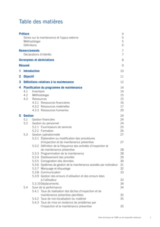 1Série technique de l’OMS sur les dispositifs médicaux
Table des matières
Préface	 4
Séries sur la maintenance et l’appui externe	 5
Méthodologie	5
Définitions	6
Remerciements	 7
Déclarations d’intérêts 	 7
Acronymes et abréviations	 8
Résumé 	 9
1	Introduction	 10
2	Objectif	 11
3	 Définitions relatives à la maintenance 	 12
4	 Planification du programme de maintenance	 14
4.1	 Inventaire 	 14
4.2	 Méthodologie 	 15
4.3	Ressources	 15
4.3.1	 Ressources financières	 16
4.3.2	 Ressources matérielles	 17
4.3.3	 Ressources humaines	 20
5	Gestion	 24
5.1	 Gestion financière	 24
5.2	 Gestion du personnel	 24
5.2.1	 Fournisseurs de services	 25
5.2.2	Formation	 26
5.3	 Gestion opérationnelle	 27
5.3.1	 Élaboration ou modification des procédures
	 d’inspection et de maintenance préventive	 27
5.3.2	 Définition de la fréquence des activités d’inspection et
	 de maintenance préventive 	 28
5.3.3	 Programmation de la maintenance	 28
5.3.4	 Établissement des priorités	 29
5.3.5	 Consignation des données	 30
5.3.6	 Systèmes de gestion de la maintenance assistée par ordinateur	 31
5.3.7	 Marquage et étiquetage	 32
5.3.8	Communication	 33
5.3.9	 Gestion des erreurs d’utilisation et des erreurs liées
à l’utilisateur	 33
5.3.10	Déplacements	 34
5.4	 Suivi de la performance	 34
5.4.1	 Taux de réalisation des tâches d’inspection et de
	 maintenance préventive planifiées	 35
5.4.2	 Taux de non-localisation du matériel	 35
5.4.3	 Taux de mise en évidence de problèmes par
	 l’inspection et la maintenance préventive 	 35
 