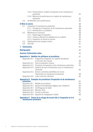 Programme de maintenance des équipements médicaux : présentation générale2
5.4.4	 Productivité en matière d’inspection et de maintenance
	préventive	 35
5.4.5	 Mesures de performance en matière de maintenance
	préventive	 36
5.5	 Amélioration de la performance	 36
6 Mise en œuvre	 38
6.1	 Inspection et maintenance préventive	 38
6.1.1	 Procédures d’inspection et de maintenance préventive	 38
6.1.2 	Identification du problème	 38
6.2	 Maintenance corrective	 38
6.2.1	 Dépannage et réparation	 38
6.2.2	 Facteurs affectant les défaillances du matériel	 39
6.2.3	 Inspection et remise en service	 40
6.3	 Établissement de comptes rendus	 41
6.4	Sécurité	 41
7	Conclusions	 43
Bibliographie	 44
Sources d’information utiles	 45
Appendice A Modèles de politiques et procédures	 47
Appendice A.1	 Programme de gestion du matériel biomédical
	 en fonction des risques	 48
Appendice A.2	 Tests et évaluation initiaux	 52
Appendice A.3	 Procédure d’inspection et de maintenance préventive	 54
Appendice A.4	 Système de bons d’intervention pour la maintenance
	corrective	 56
Appendice A.5	 Actions correctives identifiées lors d’une
	 intervention de maintenance préventive	 58
Appendice A.6	 Lutte contre les infections	 60
Appendice B Exemples de procédures d’inspection et de maintenance
préventive	 62
Appendice B.1	 Modèle de procédure	 63
Appendice B.2	 Appareil d’anesthésie/analgésie (par inhalation)	 64
Appendice B.3	 Centrifugeuse de table	 65
Appendice B.4	 Moniteur ECG	 66
Appendice B.5	 Pompe à perfusion	 67
Appendice B.6	 Appareil de radiographie mobile	 68
Appendice C Calcul de la charge de travail liée à l’inspection et à la
maintenance préventive	 69
 