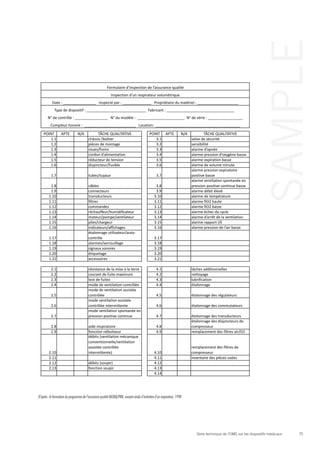 75Série technique de l’OMS sur les dispositifs médicaux
SAMPLE
D’après :leformulaireduprogrammedel’assurancequalitéMEDIQ/PRN,compterendud’entretiend’unrespirateur,1998
POINT APTE N/A TÂCHE	
  QUALITATIVE POINT APTE N/A TÂCHE	
  QUALITATIVE
1.1 châssis	
  /boîtier 3.1 valve	
  de	
  sécurité	
  
1.2 pièces	
  de	
  montage 3.2 sensibilité
1.3 roues/freins 3.3 alarme	
  d’apnée
1.4 cordon	
  d’alimentation 3.4 alarme	
  pression	
  d’oxygène	
  basse
1.5 réducteur	
  de	
  tension 3.5 alarme	
  expiration	
  basse
1.6 disjoncteur/fusible 3.6 alarme	
  de	
  volume	
  minute
1.7 tubes/tuyaux 3.7
alarme	
  pression	
  expiratoire	
  
positive	
  basse
1.8 câbles 3.8
alarme	
  ventilation	
  spontanée	
  en	
  
pression	
  positive	
  continue	
  basse
1.9 connecteurs 3.9 alarme	
  débit	
  élevé
1.10 transducteurs 3.10 alarme	
  de	
  température
1.11 filtres 3.11 alarme	
  fiO2	
  haute
1.12 commandes 3.12 alarme	
  fiO2	
  basse
1.13 réchauffeur/humidificateur 3.13 alarme	
  échec	
  du	
  cycle
1.14 moteur/pompe/ventilateur 3.14 alarme	
  d’arrêt	
  de	
  la	
  ventilation	
  
1.15 piles/chargeur 3.15 alarme	
  rapport	
  I/E
1.16 indicateurs/affichages 3.16 alarme	
  pression	
  de	
  l’air	
  basse
1.17
étalonnage	
  utilisateur/auto-­‐
contrôle 3.17
1.18 alarmes/verrouillage 3.18
1.19 signaux	
  sonores 3.19
1.20 étiquetage 3.20
1.21 accessoires 3.21
2.1 résistance	
  de	
  la	
  mise	
  à	
  la	
  terre	
   4.1 tâches	
  additionnelles
2.2 courant	
  de	
  fuite	
  maximum 4.2 nettoyage
2.3 test	
  de	
  fuites 4.3 lubrification
2.4 mode	
  de	
  ventilation	
  contrôlée 4.4 étalonnage
2.5
mode	
  de	
  ventilation	
  assistée	
  
contrôlée 4.5 étalonnage	
  des	
  régulateurs
2.6
mode	
  ventilation	
  assistée	
  
contrôlée	
  intermittente	
   4.6 étalonnage	
  des	
  commutateurs
2.7
mode	
  ventilation	
  spontanée	
  en	
  
pression	
  positive	
  continue	
   4.7 étalonnage	
  des	
  transducteurs
2.8 aide	
  inspiratoire 4.8
étalonnage	
  des	
  disjoncteurs	
  de	
  
compresseur
2.9 fonction	
  nébuliseur	
   4.9 remplacement	
  des	
  filtres	
  air/O2
2.10
débits	
  (ventilation	
  mécanique	
  
conventionnelle/ventilation	
  
assistée	
  contrôlée	
  
intermittente) 4.10
remplacement	
  des	
  filtres	
  de	
  
compresseur
2.11 4.11 inventaire	
  des	
  pièces	
  usées
2.12 débits	
  (soupir) 4.12
2.13 fonction	
  soupir 4.13
4.14
Compteur	
  horaire	
  :	
  	
  _________________________	
  	
  	
  Location:	
  	
  _________________________________________
Formulaire	
  d’inspection	
  de	
  l’assurance	
  qualité
Inspection	
  d’un	
  respirateur	
  volumétrique
N°	
  de	
  contrôle	
  :	
  ________________	
  	
  	
  N°	
  du	
  modèle	
  :	
  	
  _______________________	
  	
  N°	
  de	
  série	
  :	
  _________________
Date	
  :	
  ________________	
  	
  	
  Inspecté	
  par	
  :	
  ______________	
  	
  	
  Propriétaire	
  du	
  matériel	
  :	
  ____________________
Type	
  de	
  dispositif	
  :	
  _____________________________	
  	
  Fabricant	
  :	
  _________________________________	
  	
  
 