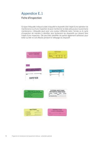 Programme de maintenance des équipements médicaux : présentation générale78
Appendice E.1
Ce type d’étiquette indique la date à laquelle le dispositif a fait l’objet d’une opération de
maintenance ou d’une inspection et peut mentionner la date prévue pour la prochaine
maintenance. L’étiquette peut avoir une couleur différente selon l’année ou le cycle
d’inspection de manière à identifier plus facilement les dispositifs qui doivent faire
l’objet d’une inspection. Elle peut être plastifiée (et parfois également adhésive) pour
éviter qu’elle ne soit effacée pendant le nettoyage du dispositif.
	
  
	
  
	
  
	
  
	
  
	
  
	
  
	
  
Fiche d’inspection
 