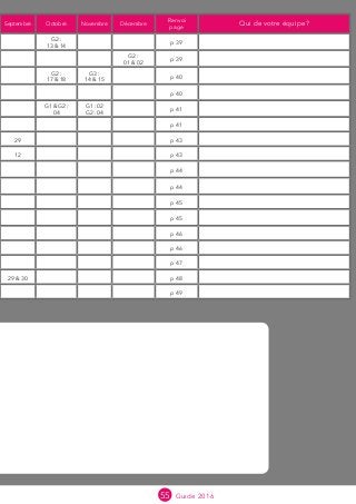 55 Guide 2016
Septembre Octobre Novembre Décembre
Renvoi
page
Qui de votre équipe?
G2 :
13  14
p 39
G2 :
01  02
p 39
G2 :
17  18
G3 :
14  15
p 40
p 40
G1  G2 :
04
G1 : 02
G2 : 04
p 41
p 41
29 p 43
12 p 43
p 44
p 44
p 45
p 45
p 46
p 46
p 47
29  30 p 48
p 49
 