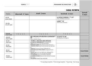 -21-FespaCo 2017 programme Des projeCtions
**© Long métrage Compétition - *© Court métrage Compétition - **Long métrage - *Court métrage 
Horaires
p a u s e p a u s e p a u s e
mercredi 1er
mars jeudi 2 mars samedi
4 marsvendredi 3 mars
CANAL OLYMPIA
lamB** 94’
Yared ZELEKE (Ethiopie))
la patrie D’aBorD ! ** 127’
Thiérry NTAMACK (Cameroun)
le puits**© 96’
Lotfi BOUCHOUCHI (Algérie)
me a Belgian, mY motHer a gHanaian**
60’
Adams MENSAH (Ghana)
- mi-temps & CYBerDeBrouille (Compilation (C+)
- aissa (Cameroun) de Jean Roke PATOUDEM
- marCHanD De rÊve (Côte d’Ivoire) de Anna BALLO (A+)
- 2 Couples 1 FoYer (Côte d’Ivoire) de Gbehi Jean-Noel BAH
(A+)
- peripetieS (Cameroun) de Rémi ATANGANA (A+)
- restaurant Keur penDa m’BaYe (Sénégal) de Birame
DIALLO (A+)
- DelilaH (Nigéria) de Frank Rajah Arase (Nollywood TV)
- iDentitaire (Burkina Faso) de Sidgomdé ROAMBA
- les CHenapans (Benin) de Christiane CHABI KAO
- la guerre Des Biens (Cameroun) Jean de Dieu TCHAGNEBE
(Patou films)
- jiKulumessu (Angola) Sergio GRACIANO
17h-00 h : nuit de la série africaine
9h-11h
(9.am-11am)
11h-13h
(11.am-1.pm)
13h-14h
(1.pm-4.pm)
14h-16h
(2.pm- 4.pm)
16h-18h
(4.pm-6.pm)
18h-20h
(6.pm-8.pm)
20h-22h
(8.pm-10.pm)
22h-24h
(10.pm-0.pm)
Film prime
Film prime
 