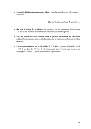 16	
Ø Mettre fin à la limitation des courts séjours (actuellement plafonnés à 3 mois) en
institution.
Plus particulièrement pour les pensions…
Ø Garantir le niveau des pensions et les augmenter par nos mesures de diminution de
1 % par an des dépenses de l’administration et de l’équilibre budgétaire.
Ø Pour les jeunes nouveaux entrants dans le système, harmoniser les 3 systèmes
actuels (fonctionnaires, salariés et indépendants) et le remplacer par le même système
pour tous.
Ø Encourager davantage par la fiscalité les 2e
et 3e
piliers (montant déductible porté à
1 500 € au lieu de 980 €), il est fondamental pour l’avenir des pensions de
développer, à côté du 1er
pilier, un système de capitalisation.
 
