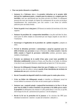 20	
Ø Pour une justice dissuasive et équilibrée :
• Instaurer la « Tolérance zéro » : la première infraction ou le premier délit
doivent être rapidement punis, y compris pour les mineurs et y compris pour les
incivilités, mais pas spécialement par une peine privative de liberté. Le délinquant
pourrait être tenu, par exemple, de réparer les conséquences de ses actes ou de payer
immédiatement une contravention, puis être soumis à une forme de contrôle
judiciaire pour une durée limitée.
• Porter la garde à vue à cinq jours (120 heures) en matière de terrorisme et de crime
organisé.
• Instaurer la procédure de « comparution immédiate » (au plus tard dans les deux
mois) pour les délits simples ne nécessitant pas une longue enquête ou une mise à
l’instruction.
• Encourager à l’application de la procédure de « plaider coupable », adoptée en
2016.
• Prévoir la détention provisoire « automatique » jusqu’au jugement pour les
délits d’atteinte aux personnes (coups et blessures), les crimes sexuels et tous les
délits commis à l’égard de personnes vulnérables (enfants, personnes âgées,
malades et handicapés).
• Exécuter un minimum de la moitié d’une peine avant toute possibilité de
libération conditionnelle (comme en France, aux Pays-Bas et en Suède, les détenus
n’ont droit à une éventuelle libération conditionnelle qu’après les 2/3 de leur peine)
• Renvoyer les délinquants étrangers dans leur pays d’origine pour l’exécution de
leur peine au tiers de celle-ci, mesure assortie d’une interdiction du territoire de
minimum dix ans après exécution de la peine.
• Revoir l’ensemble du dispositif relatif à la récidive pour le rendre plus sévère.
• Créer un fichier des délinquants sexuels et interdire au délinquant sexuel de
revenir habiter la commune où les faits ont été commis après sa libération.
• Instaurer une « majorité pénale » (aujourd’hui inexistante) et la fixer à 16 ans
pour tous les délits et crimes d’atteintes à la personne et les délits graves contre
la propriété (la délinquance des mineurs n’a plus grand-chose à voir avec ce qu’elle
était lorsque les lois de « protection de la jeunesse » ont été adoptées).
• Revoir la loi sur la protection de la jeunesse et les missions des IPPJ pour
introduire la notion de « sanction » en plus de la fonction « éducative ».
 