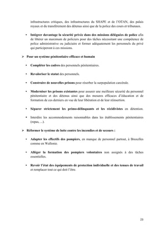23	
infrastructures critiques, des infrastructures du SHAPE et de l’OTAN, des palais
royaux et du transfèrement des détenus ainsi que de la police des cours et tribunaux.
• Intégrer davantage la sécurité privée dans des missions déléguées de police afin
de libérer un maximum de policiers pour des tâches nécessitant une compétence de
police administrative ou judiciaire et former adéquatement les personnels du privé
qui participeront à ces missions.
Ø Pour un système pénitentiaire efficace et humain
• Compléter les cadres des personnels pénitentiaires.
• Revaloriser le statut des personnels.
• Construire de nouvelles prisons pour résorber la surpopulation carcérale.
• Moderniser les prisons existantes pour assurer une meilleure sécurité du personnel
pénitentiaire et des détenus ainsi que des mesures efficaces d’éducation et de
formation de ces derniers en vue de leur libération et de leur réinsertion.
• Séparer strictement les primo-délinquants et les récidivistes en détention.
• Interdire les accommodements raisonnables dans les établissements pénitentiaires
(repas, ...).
Ø Réformer le système de lutte contre les incendies et de secours :
• Adapter les effectifs des pompiers, en manque de personnel partout, à Bruxelles
comme en Wallonie.
• Alléger la formation des pompiers volontaires non assignés à des tâches
essentielles.
• Revoir l’état des équipements de protection individuelle et des tenues de travail
et remplacer tout ce qui doit l’être.
 
