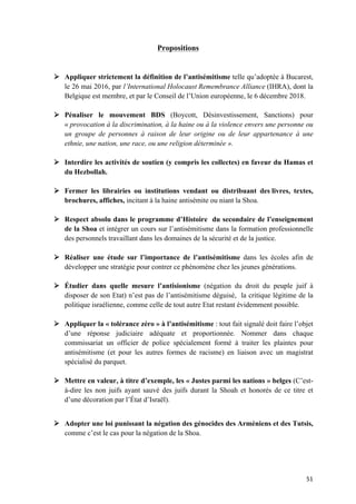 51	
Propositions
Ø Appliquer strictement la définition de l’antisémitisme telle qu’adoptée à Bucarest,
le 26 mai 2016, par l’International Holocaust Remembrance Alliance (IHRA), dont la
Belgique est membre, et par le Conseil de l’Union européenne, le 6 décembre 2018.
Ø Pénaliser le mouvement BDS (Boycott, Désinvestissement, Sanctions) pour
« provocation à la discrimination, à la haine ou à la violence envers une personne ou
un groupe de personnes à raison de leur origine ou de leur appartenance à une
ethnie, une nation, une race, ou une religion déterminée ».
Ø Interdire les activités de soutien (y compris les collectes) en faveur du Hamas et
du Hezbollah.
Ø Fermer les librairies ou institutions vendant ou distribuant des livres, textes,
brochures, affiches, incitant à la haine antisémite ou niant la Shoa.
Ø Respect absolu dans le programme d’Histoire du secondaire de l’enseignement
de la Shoa et intégrer un cours sur l’antisémitisme dans la formation professionnelle
des personnels travaillant dans les domaines de la sécurité et de la justice.
Ø Réaliser une étude sur l’importance de l’antisémitisme dans les écoles afin de
développer une stratégie pour contrer ce phénomène chez les jeunes générations.
Ø Étudier dans quelle mesure l’antisionisme (négation du droit du peuple juif à
disposer de son Etat) n’est pas de l’antisémitisme déguisé, la critique légitime de la
politique israélienne, comme celle de tout autre Etat restant évidemment possible.
Ø Appliquer la « tolérance zéro » à l’antisémitisme : tout fait signalé doit faire l’objet
d’une réponse judiciaire adéquate et proportionnée. Nommer dans chaque
commissariat un officier de police spécialement formé à traiter les plaintes pour
antisémitisme (et pour les autres formes de racisme) en liaison avec un magistrat
spécialisé du parquet.
Ø Mettre en valeur, à titre d’exemple, les « Justes parmi les nations » belges (C’est-
à-dire les non juifs ayant sauvé des juifs durant la Shoah et honorés de ce titre et
d’une décoration par l’État d’Israël).
Ø Adopter une loi punissant la négation des génocides des Arméniens et des Tutsis,
comme c’est le cas pour la négation de la Shoa.
 