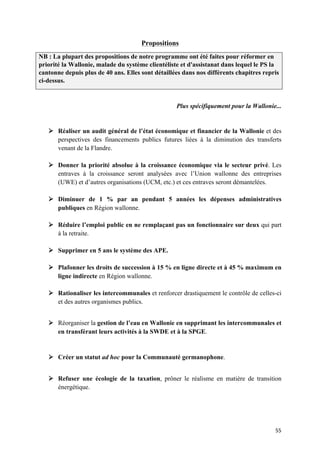 55	
Propositions
NB : La plupart des propositions de notre programme ont été faites pour réformer en
priorité la Wallonie, malade du système clientéliste et d'assistanat dans lequel le PS la
cantonne depuis plus de 40 ans. Elles sont détaillées dans nos différents chapitres repris
ci-dessus.
Plus spécifiquement pour la Wallonie...
Ø Réaliser un audit général de l’état économique et financier de la Wallonie et des
perspectives des financements publics futures liées à la diminution des transferts
venant de la Flandre.
Ø Donner la priorité absolue à la croissance économique via le secteur privé. Les
entraves à la croissance seront analysées avec l’Union wallonne des entreprises
(UWE) et d’autres organisations (UCM, etc.) et ces entraves seront démantelées.
Ø Diminuer de 1 % par an pendant 5 années les dépenses administratives
publiques en Région wallonne.
Ø Réduire l’emploi public en ne remplaçant pas un fonctionnaire sur deux qui part
à la retraite.
Ø Supprimer en 5 ans le système des APE.
Ø Plafonner les droits de succession à 15 % en ligne directe et à 45 % maximum en
ligne indirecte en Région wallonne.
Ø Rationaliser les intercommunales et renforcer drastiquement le contrôle de celles-ci
et des autres organismes publics.
Ø Réorganiser la gestion de l’eau en Wallonie en supprimant les intercommunales et
en transférant leurs activités à la SWDE et à la SPGE.
Ø Créer un statut ad hoc pour la Communauté germanophone.
Ø Refuser une écologie de la taxation, prôner le réalisme en matière de transition
énergétique.
 