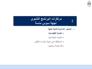 McKinsey & Company | 8
–
‫الجهة‬ ‫لتنمية‬ ‫األساسية‬ ‫المحاور‬
•
‫التنمية‬
‫اإلقتصادية‬
•
‫االجتماعية‬ ‫التنمية‬
•
‫البيئة‬ ‫على‬ ‫المحافظة‬
‫الثقافي‬ ‫والتراث‬
•
‫والتعمير‬ ‫العزلة‬ ‫فك‬
‫التنموي‬ ‫البرنامج‬ ‫مرتكزات‬
‫ماسة‬ ‫سوس‬ ‫لجهة‬
2
 