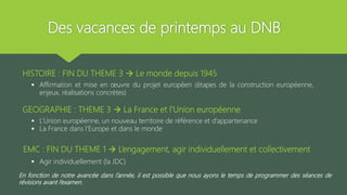 Des vacances de printemps au DNB
HISTOIRE : FIN DU THEME 3  Le monde depuis 1945
 Affirmation et mise en œuvre du projet européen (étapes de la construction européenne,
enjeux, réalisations concrètes)
GEOGRAPHIE : THEME 3  La France et l’Union européenne
 L’Union européenne, un nouveau territoire de référence et d’appartenance
 La France dans l’Europe et dans le monde
EMC : FIN DU THEME 1  L’engagement, agir individuellement et collectivement
 Agir individuellement (la JDC)
En fonction de notre avancée dans l’année, il est possible que nous ayons le temps de programmer des séances de
révisions avant l’examen.
 