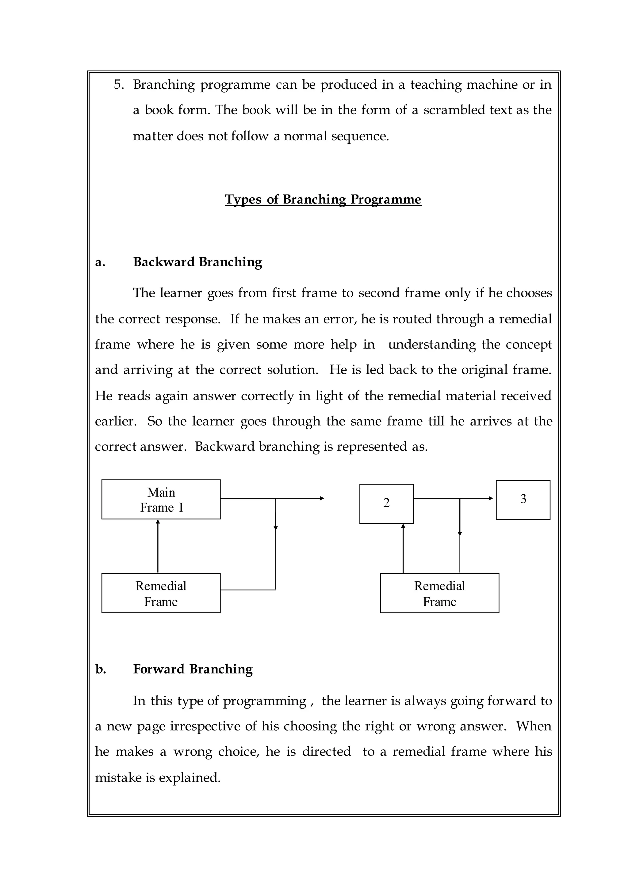 5. Branching programme can be produced in a teaching machine or in
a book form. The book will be in the form of a scrambled text as the
matter does not follow a normal sequence.
Types of Branching Programme
a. Backward Branching
The learner goes from first frame to second frame only if he chooses
the correct response. If he makes an error, he is routed through a remedial
frame where he is given some more help in understanding the concept
and arriving at the correct solution. He is led back to the original frame.
He reads again answer correctly in light of the remedial material received
earlier. So the learner goes through the same frame till he arrives at the
correct answer. Backward branching is represented as.
b. Forward Branching
In this type of programming , the learner is always going forward to
a new page irrespective of his choosing the right or wrong answer. When
he makes a wrong choice, he is directed to a remedial frame where his
mistake is explained.
Main
Frame I
Remedial
Frame
Remedial
Frame
2 3
 