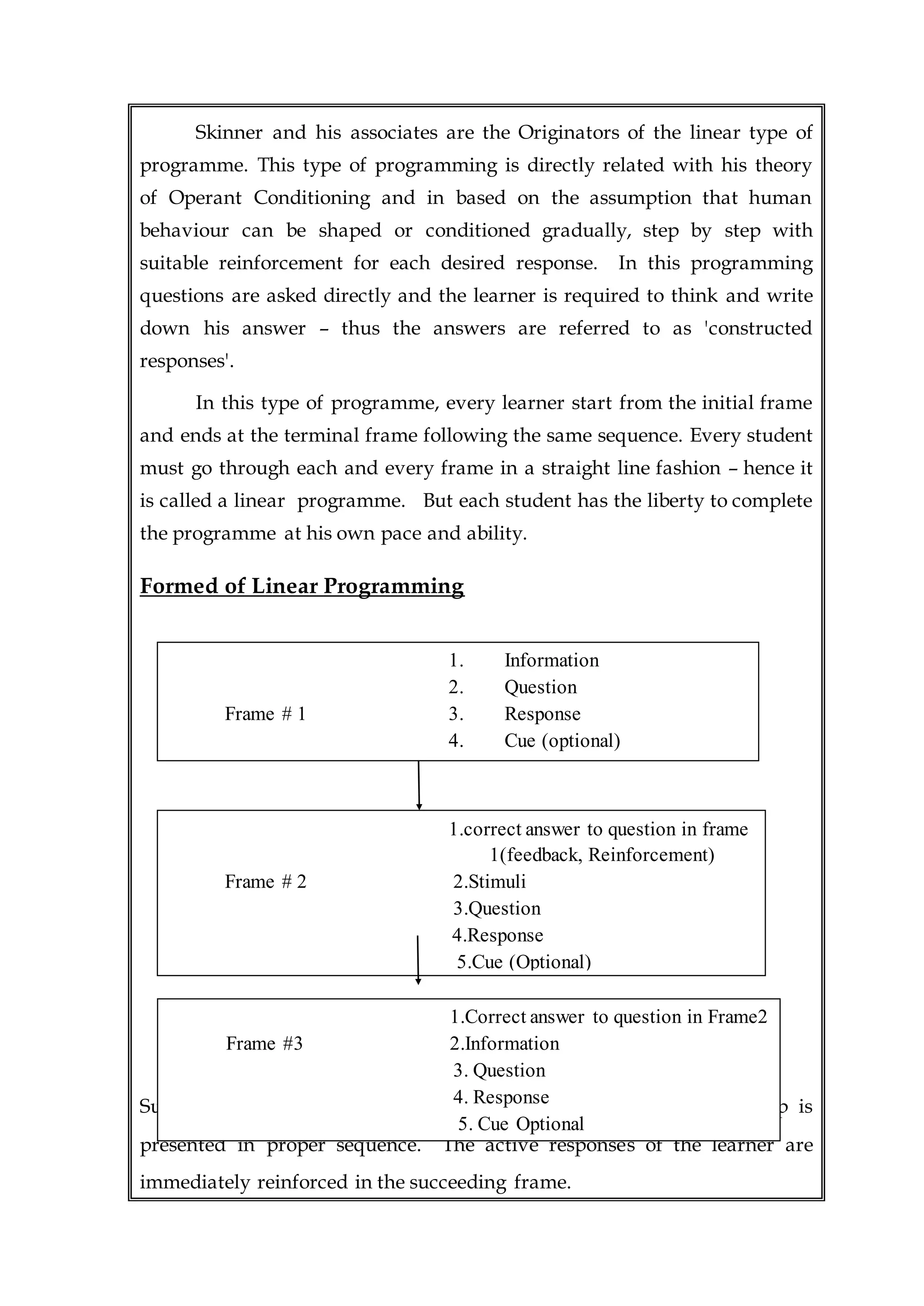 Skinner and his associates are the Originators of the linear type of
programme. This type of programming is directly related with his theory
of Operant Conditioning and in based on the assumption that human
behaviour can be shaped or conditioned gradually, step by step with
suitable reinforcement for each desired response. In this programming
questions are asked directly and the learner is required to think and write
down his answer – thus the answers are referred to as 'constructed
responses'.
In this type of programme, every learner start from the initial frame
and ends at the terminal frame following the same sequence. Every student
must go through each and every frame in a straight line fashion – hence it
is called a linear programme. But each student has the liberty to complete
the programme at his own pace and ability.
Formed of Linear Programming
Subject matter is broken down into very small steps and each step is
presented in proper sequence. The active responses of the learner are
immediately reinforced in the succeeding frame.
1. Information
2. Question
Frame # 1 3. Response
4. Cue (optional)
cue (
1.correct answer to question in frame
1(feedback, Reinforcement)
Frame # 2 2.Stimuli
3.Question
4.Response
5.Cue (Optional)
1.Correct answer to question in Frame2
Frame #3 2.Information
3. Question
4. Response
5. Cue Optional
 