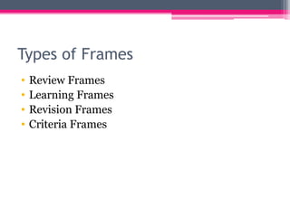 Types of Frames
• Review Frames
• Learning Frames
• Revision Frames
• Criteria Frames
 