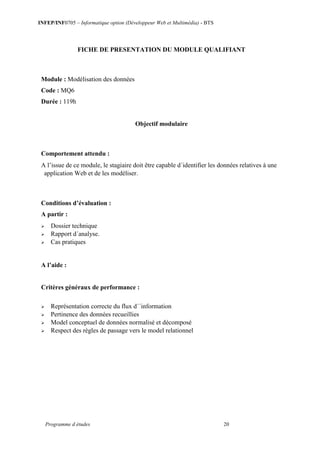 INFEP/INF0705 – Informatique option (Développeur Web et Multimédia) - BTS
Programme d études 20
FICHE DE PRESENTATION DU MODULE QUALIFIANT
Module : Modélisation des données
Code : MQ6
Durée : 119h
Objectif modulaire
Comportement attendu :
A l’issue de ce module, le stagiaire doit être capable d´identifier les données relatives à une
application Web et de les modéliser.
Conditions d’évaluation :
A partir :
 Dossier technique
 Rapport d´analyse.
 Cas pratiques
A l’aide :
Critères généraux de performance :
 Représentation correcte du flux d´´information
 Pertinence des données recueillies
 Model conceptuel de données normalisé et décomposé
 Respect des règles de passage vers le model relationnel
 
