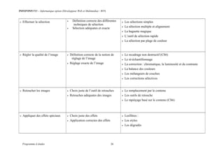 INFEP/INF0705 – Informatique option (Développeur Web et Multimédia) - BTS
Programme d études 26
 Effectuer la sélection  Définition correcte des différentes
techniques de sélection
 Sélection adéquates et exacte
 Les sélections simples
 La sélection multiple et alignement
 La baguette magique
 L’outil de sélection rapide
 La sélection par plage de couleur
 Régler la qualité de l’image  Définition correcte de la notion de
réglage de l’image
 Réglage exacte de l’image
 Le recadrage non destructif (CS6)
 Le ré-échantillonnage
 La correction : chromatique, la luminosité et du contraste
 La balance des couleurs
 Les mélangeurs de couches
 Les corrections sélectives
 Retoucher les images  Choix juste de l’outil de retouches
 Retouches adéquates des images
 Le remplacement par le contenu
 Les outils de retouche
 Le rapiéçage basé sur le contenu (CS6)
 Appliquer des effets spéciaux  Choix juste des effets
 Application correctes des effets
 Lesfiltres :
 Les styles
 Les dégradés
 