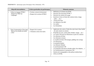 INFEP/INF0705 – Informatique option (Développeur Web et Multimédia) - BTS
Page : 49
Objectifs intermédiaires Critères particuliers de performance Eléments contenus
 Utiliser le langage HTML5
(HyperText Mark up
Language)
 Ecriture correcte du document
 Respect de la syntaxe HTML5
 Définition et évolution du HTML
 Structure d'un document HTML 5
 Structure du contenu de la page
 Insertion et mise en forme des contenu (texte, image,
audio ;…etc.)
 Gestion des liens
 Les tableaux et les DIV
 Les cadres
 Les formulaires
 Gérer la présentation d'une page
Web ave les feuilles de styles
CSS3
 Respect de la syntaxe
 Utilisation correct des styles
 Application des styles à l'aide d'un style local, d'une feuille
de styles interne ou externe
 Propriétés de texte, arrière-plan, bordure, marge,…etc.)
 Les unités CSS pour les dimensions et pour les couleurs
 Les sélecteurs de base
 Les sélecteurs avancés
 Le modèle de boîte CSS (margin, padding, box-sizing)
 Les dimensions
 La propriété display
 Les éléments flottants
 Le positionnement CSS
 Les propriétés décoratives (border-radius, box-shadow,…)
 Les transformations et animations CSS
 Gestion de la typographie et des polices (@font-face)
 CSS et le HTML
 