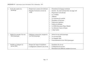 INFEP/INF0705 – Informatique option (Développeur Web et Multimédia) - BTS
Page : 50
 Ecrire des scripts avec
JavaScript
 Respect de la syntaxe de JavaScript
 Résultat d’exécution correcte du
script
 Présentation du langage JavaScript
 Insertion du code JavaScript dans une page web
 Programmer en JavaScript.
 Les variables.
 Tableaux.
 Les structures de contrôle
 Procédures et Fonctions
 Expressions régulières
 Fenêtres de dialogue
 Le DOM (Document Object Model)
 Les éléments Frame et iFrame
 L'objet fenêtre
 Définir les concepts d’un site
Web dynamique
 Définition correcte des concepts de
site Web dynamique
 Notion de sites web dynamique
 Les serveurs Web
 Les langages Web
 Fonctionnement de sites Web dynamiques
 Installer et configurer un
serveur Web
 Respect des étapes d’installation
 Configuration exhaustive du serveur
 Installation du serveur
 Configuration du serveur
 Présentation des différents modules du serveur
 