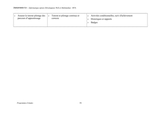 INFEP/INF0705 – Informatique option (Développeur Web et Multimédia) - BTS
Programme d’études 59
 Assurer le tutorat pilotage des
parcours d’apprentissage
 Tutorat et pilotage continue et
correcte
 Activités conditionnelles, suivi d'achèvement
 Historiques et rapports
 Badges
 