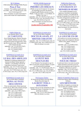 8
MC 93 Bobigny
1 bld Lénine Métro Bobigny-Pablo Picasso
Peau d’Âne
Création - Pour adultes à partir de 8 ans
novembre : sam. 17 à 20:30 h (4 pl.), dim.
18 à 15:30 h (4 pl.) 0 €
Merci de donner vos noms réservation 8
jours avant la date de la représentation,
MONDE ARABE (Institut du)
1 rue des Fossés St-Bernard
PHÈDRE LES OISEAUX
« Phèdre est un nom d’emprunt. Un masque,
un maquillage que porte une femme,
n’importe quelle femme conviée à se dire
Phèdre. À dire aux autres : je suis Phèdre. Et
Phèdre c’est vous. »
septembre : mer. 26 à 20:30 h (15 pl.), jeu. 27
à 20:30 h (15 pl.), ven. 28 à 20:30 h (15 pl.),
sam. 29 à 20:30 h (15 pl.) 0 €
Merci de donner vos noms lors de la
réservation
Au plus tard le 15 septembre 16h
PARIS (Petit Théâtre de)
15 rue Blanche Métro Trinité
L'ÉTUDIANTE ET
MONSIEUR HENRI
Une comédie décapante sur les
ingérences familiales, les hérédités
lourdes à assumer, et la difficulté de
concilier les grands rêves d’une vie avec
les petits arrangements quotidiens que
chacun fait avec sa consc
septembre : mer. 12 à 21:00 h (4 pl.),
jeu. 13 à 21:00 h (4 pl.), ven. 14 à 21:00
h (4 pl.), sam. 15 à 17:00 h (4 pl.), dim.
16 à 15:00 h (4 pl.) 24 € pour 2
Merci de donner vos noms lors de la
réservation
PARIS (Théâtre de)
15 rue Blanche Métro Trinité
LE TARTUFFE
Avec Claude Brasseur, Patrick Chesnais,
Avec Tartuffe, Molière livre une satire
grinçante de toutes les hypocrisies, satire
qui fait mouche et qui, 300 ans plus tard,
reste toujours de mise.
septembre : jeu. 13 à 20:30 h (10 pl.),
ven. 14 à 20:30 h (10 pl.),
sam. 15 à 16:00 h (10 pl.)
30 € pour 2
PASSERELLE (Comédie de la)
102 rue Orfila Métro Gambetta
DOCTEUR ANAËL ET
MISTER CORANTIN
septembre : dim. 16 à 15:00 h (4 pl.), dim. 23
à 15:00 h (4 pl.), dim. 30 à 15:00 h (4 pl.) 0 €
Merci de donner vos noms
PASSERELLE (Comédie de la)
102 rue Orfila Métro Gambetta
LA LOUCHE EN OR
La Louche en or est une invitation au
voyage au pays de l’imaginaire africain
mêlant conte, théâtre, musique et
danse…
septembre :sam. 15 à 14:00 h (4 pl.),
mer. 19 à 14:00 h (4 pl.),
sam. 22 à 14:00 h (4 pl.),
mer. 26 à 14:00 h (4 pl.),
sam. 29 à 14:00 h (4 pl.) 0 €
PASSERELLE (Comédie de la)
102 rue Orfila Métro Gambetta
LE BAL DES ABEILLES
Mathilde et Guillaume préparent leur
émission de Radio Nature spéciale «
Abeilles ». Ils attendent l’arrivée de
l’apiculteur local pour l’interviewer…
septembre : mer. 12 à 15:30 h (4 pl.), sam.
15 à 15:30 h (4 pl.), mer. 19 à 15:30 h (4
pl.), sam. 22 à 15:30 h (4 pl.), mer. 26 à
15:30 h (4 pl.), sam. 29 à 15:30 h (4 pl.) 0 €
PASSERELLE (Comédie de la)
102 rue Orfila Métro Gambetta
LE PETIT ROI
DES FLEURS
C’est l’histoire d’un tout petit roi qui vit
dans un tout petit, tout petit château. Ce petit
roi est passionné de jardinage
septembre : mer. 12 à 10:30 h (4 pl.), dim. 16
à 11:00 h (4 pl.), mer. 19 à 10:30 h (4 pl.),
dim. 23 à 11:00 h (4 pl.), mer. 26 à 10:30 h (4
pl.), dim. 30 à 11:00 h (4 pl.) 0 €
PASSERELLE (Comédie de la)
102 rue Orfila Métro Gambetta
LES PETITS
FOUS DU FRIGO
Le petit pois frais et son amie la carotte
vapeur prennent conscience qu’ils ne
sont pas aussi populaires que la tarte à la
framboise, délicieuse et sucrée !
septembre : dim. 16 à 16:30 h (4 pl.),
dim. 23 à 16:30 h (4 pl.), dim. 23 à
16:30 h (4 pl.), dim. 30 à 16:30 h (4 pl.)
0 €
PASSERELLE (Comédie de la)
102 rue Orfila Métro Gambetta
MONA AU PAYS
DES CONTES
Pour son anniversaire, Mona reçoit une
console de jeu. Mais cette console n'est pas
tout à fait comme les autres !
septembre : sam. 15 à 17:00 h (4 pl.),
mer. 19 à 17:00 h (4 pl.),
sam. 22 à 17:00 h (4 pl.),
mer. 26 à 17:00 h (4 pl.),
sam. 29 à 17:00 h (4 pl.) 0 €
Petit Gymnase Theâtre
38, boulevard de Bonne Nouvelle Métro
Bonne-Nouvelle (ligne 9)
LAURENT TESLA –
INTUITION
Laurent Tesla est un des mentalistes les plus
bluffants de France. Et pourtant, il ne se
prend pas au sérieux.
septembre : mer. 12 à 21:30 h (20 pl.) 0 €
Merci de donner vos noms
PORTE ST MARTIN (Théâtre de la)
18 bld Saint-Martin Métro Strasbourg-
St-Denis
LES MENTEURS
Chevallier et Laspalès au sommet de
leur art dans une comédie anglaise
inédite en France.
septembre : jeu. 13 à 20:00 h (20 pl.),
ven. 14 à 20:00 h (10 pl.),
sam. 15 à 20:30 h (10 pl.),
sam. 15 à 18:45 h (20 pl.),
dim. 16 à 15:00 h (20 pl.) 15 €
 