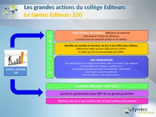 Outil destiné aux éditeurs fédérateur et motivant,
                  O                        doit devenir l’indice de référence,
                                    y compris pour les pouvoirs publics et les médias.
                  B
                  J       Identifier les sociétés en fonction de leur % de chiffre dans l’édition,
                                       déterminer celles qui font 100% de leur chiffre,
                  E                      et celles qui ont un pourcentage plus faible.
                  C
                  T                                UNE INNOVATION
                  I       Une segmentation par catégorie de métier, avec un numéro 1 par catégorie
                                         et un prix décerné à chaque « number one »
SYNTEC EDITEURS   F              Un classement global reprenant l’ensemble des classements
      250         S                            pour lequel un prix sera décerné
                                           Une récompense « prix spécial du jury »



                                    Première diffusion : avril 2011

                       Lancé en partenariat avec E&Y et un grand quotidien

                      Remise des prix par métier lors d’une soirée évènement
 