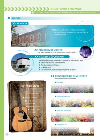 10
Pour vivre ensemble
Culture, sport, associations, animations, démocratie participative
Culture
Rénover
RÉUSSIR l’évolution
de la médiathèque en espace convivial et d’échanges avec :
n Un nouvel espace café littéraire
n Des liseuses numériques
n Le wifi gratuit
n Les ciné-clubs, spectacles pour grands et petits…
Faire vivre
les grands évènements
annuels, repères dans
l’année nogentaise.
n Festival Country
n Arts de la rue
en biennale
n Semaine du son
n Festival Coup
de polar
Continuer de développer
les manifestations conviviales.
n Ciné plein air…
n Marchés à thèmes
n Invitez vos voisins
n Carnaval
POURSUIVRE L’OFFRE
de spectacles variés et de qualité pour tous les publics.
n l’Espace Culturel du Château des Rochers
et ses offres de services (en premier lieu la
salle principale).
 