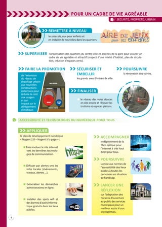 Finaliser
n le réseau des voies douces
en site propre et rénover les
trottoirs et espaces piétons.
POUR UN CADRE DE VIE AGRÉABLE
4
Sécurité, propreté, urbain
Accessibilité et technologies du numérique pour tous
Remettre à niveau
les aires de jeux pour enfants et
en installer de nouvelles dans les quartiers.
l’urbanisation des quartiers du centre-ville et proches de la gare pour assurer un
cadre de vie agréable et attractif (respect d’une mixité d’habitat, plan de circula-
tion, création d’espaces verts).
Superviser
de l’extension
du réseau de
chauffage urbain
aux nouvelles
constructions
collectives pour
réduire le coût
aux usagers
et son
impact sur le
dérèglement
climatique.
Faire la promotion
CANIVEAU EN BÉTON
DALLE CONTINUE
RETOUR
D’EAU
VAPEUR
SÉCURISER et
EMBELLIR
les grands axes d’entrée de ville.
Poursuivre
la rénovation des voiries.
Appliquer
le plan de développement numérique
« Nogent 2.0 – Nogent à la page » :
n Faire évoluer le site internet
vers les dernières technolo-
gies de communication.
n Diffuser par alertes sms les
infos locales (évènements,
travaux, alertes …).
n Généraliser les démarches
administratives en ligne.
n Installer des spots wifi et
des bornes d’accès informa-
tique gratuits dans les lieux
publics.
Accompagner
le déploiement de la
fibre optique pour
l’internet à très haut
débit pour tous.
Poursuivre
la mise aux normes de
l’accessibilité des lieux
publics à toutes les
personnes en situation
de handicap.
Lancer une
réflexion
sur l’adaptation des
horaires d’ouverture
au public des services
municipaux pour un
meilleur accès à tous
les nogentais.
 