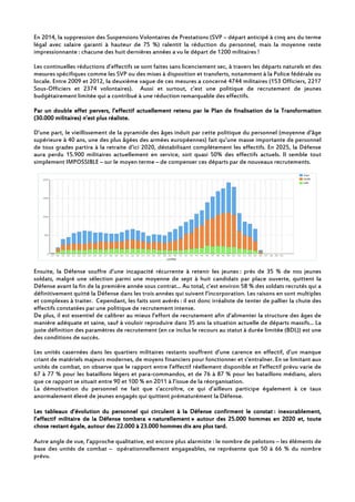En 2014, la suppression des Suspensions Volontaires de Prestations (SVP – départ anticipé à cinq ans du terme
légal avec salaire garanti à hauteur de 75 %) ralentit la réduction du personnel, mais la moyenne reste
impressionnante : chacune des huit dernières années a vu le départ de 1200 militaires !
Les continuelles réductions d’effectifs se sont faites sans licenciement sec, à travers les départs naturels et des
mesures spécifiques comme les SVP ou des mises à disposition et transferts, notamment à la Police fédérale ou
locale. Entre 2009 et 2012, la deuxième vague de ces mesures a concerné 4744 militaires (153 Officiers, 2217
Sous-Officiers et 2374 volontaires). Aussi et surtout, c’est une politique de recrutement de jeunes
budgétairement limitée qui a contribué à une réduction remarquable des effectifs.
Par un double effetPar un double effetPar un double effetPar un double effet pervers, l’effectif actuellement retenu par le Plan de finalisation de la Tranpervers, l’effectif actuellement retenu par le Plan de finalisation de la Tranpervers, l’effectif actuellement retenu par le Plan de finalisation de la Tranpervers, l’effectif actuellement retenu par le Plan de finalisation de la Transformationsformationsformationsformation
(30.000 militaires)(30.000 militaires)(30.000 militaires)(30.000 militaires) n’est plus réaliste.n’est plus réaliste.n’est plus réaliste.n’est plus réaliste.
D’une part, le vieillissement de la pyramide des âges induit par cette politique du personnel (moyenne d’âge
supérieure à 40 ans, une des plus âgées des armées européennes) fait qu’une masse importante de personnel
de tous grades partira à la retraite d’ici 2020, déstabilisant complètement les effectifs. En 2025, la Défense
aura perdu 15.900 militaires actuellement en service, soit quasi 50% des effectifs actuels. Il semble tout
simplement IMPOSSIBLE – sur le moyen terme – de compenser ces départs par de nouveaux recrutements.
Ensuite, la Défense souffre d’une incapacité récurrente à retenir les jeunes : près de 35 % de nos jeunes
soldats, malgré une sélection parmi une moyenne de sept à huit candidats par place ouverte, quittent la
Défense avant la fin de la première année sous contrat… Au total, c’est environ 58 % des soldats recrutés qui a
définitivement quitté la Défense dans les trois années qui suivent l’incorporation. Les raisons en sont multiples
et complexes à traiter. Cependant, les faits sont avérés : il est donc irréaliste de tenter de pallier la chute des
effectifs constatées par une politique de recrutement intense.
De plus, il est essentiel de calibrer au mieux l’effort de recrutement afin d’alimenter la structure des âges de
manière adéquate et saine, sauf à vouloir reproduire dans 35 ans la situation actuelle de départs massifs... La
juste définition des paramètres de recrutement (en ce inclus le recours au statut à durée limitée (BDL)) est une
des conditions de succès.
Les unités casernées dans les quartiers militaires restants souffrent d’une carence en effectif, d’un manque
criant de matériels majeurs modernes, de moyens financiers pour fonctionner et s’entraîner. En se limitant aux
unités de combat, on observe que le rapport entre l’effectif réellement disponible et l’effectif prévu varie de
67 à 77 % pour les bataillons légers et para-commandos, et de 76 à 87 % pour les bataillons médians, alors
que ce rapport se situait entre 90 et 100 % en 2011 à l’issue de la réorganisation.
La démotivation du personnel ne fait que s’accroître, ce qui d’ailleurs participe également à ce taux
anormalement élevé de jeunes engagés qui quittent prématurément la Défense.
Les tableaux d’évolution du personnel qui circulent à la Défense confirment le constatLes tableaux d’évolution du personnel qui circulent à la Défense confirment le constatLes tableaux d’évolution du personnel qui circulent à la Défense confirment le constatLes tableaux d’évolution du personnel qui circulent à la Défense confirment le constat : inexorablement,: inexorablement,: inexorablement,: inexorablement,
l’effectif militaire de la Défense tombera «l’effectif militaire de la Défense tombera «l’effectif militaire de la Défense tombera «l’effectif militaire de la Défense tombera « nanananaturellementturellementturellementturellement » autour des» autour des» autour des» autour des 22225555.000 hommes en 2020 et, toute.000 hommes en 2020 et, toute.000 hommes en 2020 et, toute.000 hommes en 2020 et, toute
chose restant égale, autour des 2chose restant égale, autour des 2chose restant égale, autour des 2chose restant égale, autour des 22222.000.000.000.000 à 23.000à 23.000à 23.000à 23.000 hommes dix ans plus tard.hommes dix ans plus tard.hommes dix ans plus tard.hommes dix ans plus tard.
Autre angle de vue, l’approche qualitative, est encore plus alarmiste : le nombre de pelotons – les éléments de
base des unités de combat – opérationnellement engageables, ne représente que 50 à 66 % du nombre
prévu.
 