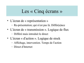 Les « Cinq écrans »
• L’écran de « représentation »
   – Re-présentation; qui n’est pas là. Différ(a)nce
• L’écran de « transmission ». Logique de flux
   – Différé mais introduit le direct
• L’écran « d’action ». Logique de stock
   – Affichage, intervention. Temps de l’action
   – Direct d’Internet
 