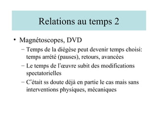 Relations au temps 2
• Magnétoscopes, DVD
  – Temps de la diégèse peut devenir temps choisi:
    temps arrété (pauses), retours, avancées
  – Le temps de l’œuvre subit des modifications
    spectatorielles
  – C’était ss doute déjà en partie le cas mais sans
    interventions physiques, mécaniques
 