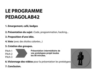 LE PROGRAMME PEDAGOLAB421. Emargement, café, badges2. Présentation du sujet:Code, programmation, hacking... 
3. Proposition d'une idée. 
4. Vote(avec des étoiles colorées...) 
5. Création des groupes. 
Pitch 1Pitch 2Pitch 3 
6. Visionnage des vidéospour la présentation les prototypes. 
7. Conclusion. 
Présentation intermédiaire de 
vos prototypes projet toutes 
les 90 minutes. 