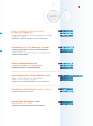 Depuis près de 20 ans, nous vous proposons toute une gamme de formations
qualifiantes, technologiques et/ou opérationnelles en maîtrise des risques.
Nos formations ont pour but de vous aider à travailler de manière plus sereine et
efficace dans le temps.
Les formations peuvent être réalisées sur place au MAROC et également sur notre
plateau technique en France à proximité de Paris.
Parallèlement, nous sommes à votre disposition pour concevoir avec vous vos
programmes sur mesure.
CNPP France
site de 240 ha
Acteur international de référence en prévention et maîtrise des risques, nous
intervenons dans les domaines suivants :sécurité incendie & explosion, sûreté & malveillance,
atteintes à l’environnement, risques professionnels.
Partenaires de confiance en gestion de risque, nos 300 collaborateurs vous
accompagnent avec une offre globale et diversifiée :
For mation
Conseil et assistan ce tech nique
Notre équipe pluridisciplinaire d’experts vous accompagne dans l’ensemble des
démarches suivantes :
• Veille et conformité réglementaire.
• Analyse, évaluation et traitement des risques.
• Systèmes de management.
• Accompagnement des exploitants d’installations classées pour la protection de
l’environnement (ICPE).
• Assistance à maître d’ouvrage (sûreté et sécurité).
• Assistance technique dans la recherche de la cause d’un sinistre.
• Ingénierie de la sécurité incendie.
DIPLÔME TECHNIQUE EUROPÉEN INCENDIE I RÉF : DTE INCENDIE
• Identifier et réduire le risque incendie.
• Diagnostiquer le risque d'éclosion du feu, en envisager le développement,
supprimer les causes ou en atténuer les effets.
• Participer à l'étude des moyens de protection et des mesures de prévention
compatibles avec le risque à protéger.
• Exploiter l'ensemble de la réglementation.
CYCLE TECHNIQUE INCENDIE I RÉF : CT INSSI
• Ce cursus se compose d’une 1ère
séquence théorique (DTE incendie : 2 semaines)
et d’une séquence d’application (1 semaine).
Diplôme remis : certificat technique INSSI et CFPA Europe Fire Safety : technical cycle.
CYCLE SUPÉRIEUR INCENDIE I RÉF : CS INSSI
• Acquérir la méthodologie et les outils de la gestion des risques.
• Réaliser le diagnostic de vulnérabilité vis-à-vis du risque incendie.
• Réduire la vulnérabilité incendie à l’aide d’un plan de traitement.
• Planifier et réaliser le financement de la maîtrise de la vulnérabilité.
• Structurer la communication et réaliser le plan de survie.
Diplôme remis : agrément INSSI et CFPA Europe Safety Management Cycle.
GÉRER LES CRISES ET ORGANISER SON PLAN DE CONTINUITÉ DES ACTIVITÉS I RÉF : IGR4
• Préparer et établir sa gestion des crises.
• Établir et évaluer son plan de traitement des crises et organiser son plan de continuité des activités.
• Définir, préparer et organiser sa communication de crise.
ÉTABLIR SA CARTOGRAPHIE DES RISQUES ET L’ANALYSER I RÉF : CARTO
• Établir la cartographie des risques d’une entreprise ou d’une organisation et réaliser son analyse.
• Présenter la cartographie et les solutions d’arbitrage associées à la direction générale.
PRINCIPES DE LA SÉCURITÉ INCENDIE AU TRAVAIL I RÉF : PRINCE-CFPA
• Identifier le risque d’incendie sur le lieu de travail et connaître les moyens de protection
pour lutter contre le feu.
• Faire appliquer les mesures de prévention.
• Acquérir une vision globale des dispositions applicables en matière de sécurité incendie.
Diplôme remis : attestation d’acquis de formation CFPA Europe Principles of fire safety at work.
For mations 2016
DATES : PROMO1, 21 au 25 MARS+25 au 29 AVRIL
• PROMO 2, 26 au 30 SEPTEMBRE + 24 au 28 OCTOBRE
LIEU : CASABLANCA
DURÉE : 10 JOURS
DATES : 26au 30 SEPT.+24au 28OCT.+21au25NOVEMBRE
LIEUX : CASABLANCA + TANGER (3ÈME
SEMAINE)
DURÉE : 15 JOURS
DATES : 22au26 FÉVRIER+21au 24 MARS+
18 au 21 AVRIL + 16 au 19 MAI
EXAMEN SUR 2 JOURS : 31 AOÛT et 01 SEPTEMBRE
LIEU : CASABLANCA
DURÉE : 17 JOURS
DATES : 24au27MAI
LIEU : CASABLANCA
DURÉE : 4 JOURS
DATES : 30et31MAI
LIEU : CASABLANCA
DURÉE : 2 JOURS
DATES:19au22JUILLET
LIEU : CASABLANCA
DURÉE : 4 JOURS
IMPLIQUER ET SENSIBILISER SON PERSONNEL DANS LA PRÉVENTION
DES ACTES DE MALVEILLANCE I RÉF : ISAM
• Comprendre les enjeux de la sûreté pour une entreprise et appréhender les grands principes
de la lutte contre la malveillance.
• Adopter les bons comportements compte tenu de son rôle et son positionnement.
SE FAMILIARISER AVEC LA LUTTE CONTRE LA MAELVEILLANC I RÉF : PRIMALV
• Comprendre le risque de malveillance en entreprise ou en collectivité et appréhender
le cadre juridique de la sûreté.
• Identifier et se familiariser avec les solutions techniques, humaines et organisationnelles
répondant au risque de malveillance.
`
IDENTIFIER LE RISQUE INCENDIE D’UNE INSTALLATION
DE PANNEAUX PHOTOVOLTAÏQUES I RÉF : PHOTOVOLTAIQUE INC
• Comprendre le risque incendie lié aux panneaux photovoltaïques.
DIPLÔME TECHNIQUE EUROPÉEN SANTÉ ET SÉCURITÉ AU TRAVAIL I RÉF : DTE INSSAT
• Appliquer une politique intégrée de prévention en sécurité au travail.
• Identifier et évaluer les risques et leurs conséquences.
• Déterminer les moyens de prévention adéquats dans le respect de la réglementation.
FORMATION À DISTANCE : PREMIÈRE INTERVENTION FACE À L’INCENDIE I RÉF : E-FOR PI
• Savoir intervenir efficacement en cas d’incendie.
FORMATION À DISTANCE : SENSIBILISATION AUX CONSIGNES
DE SÉCURITÉ INCENDIE I RÉF : E-FOR TDI
• Savoir appliquer les consignes de sécurité incendie de votre établissement.
DATE : 19SEPTEMBRE
LIEU : CASABLANCA
DURÉE : 1 JOUR
DATES : 20et21SEPTEMBRE
LIEU : CASABLANCA
DURÉE : 2 JOURS
DATES : 17et18OCTOBRE
LIEU : CASABLANCA
DURÉE : 2 JOURS
DATES : 14au18NOVEMBRE+12au16DÉCEMBRE
LIEU : CASABLANCA
DURÉE : 10 JOURS
E-LEARNING
MODULE : 45 MINUTES
E-LEARNING
MODULE : 30 MINUTES
Maquette 1_Plaquette Maroc 2016:Mise en page 1 23/09/15 16:10 Page 4
 