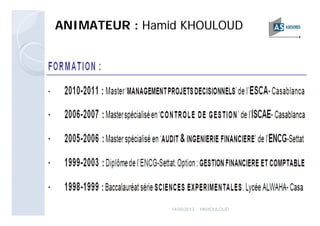 8
Renseignements
-Cabinet AS ASESORES-
• Téléphone fixe : 05 24 45 88 03
• Téléphone portable : 06 61 66 97 72
• Adresse : 65, Bd. El Mansour Eddahbi, Rés. El
Habib, 2ème étage, N° 23, Guéliz, Marrakech.
• E-mail : CONTACT.ASASESORES@GMAIL.COM
17/05/2013 HKHOULOUD
 