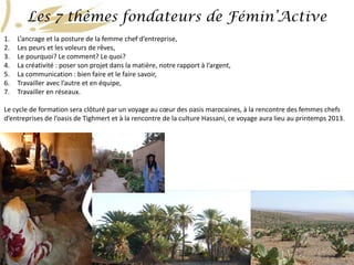 Les 7 thèmes fondateurs de Fémin’Active
1.   L’ancrage et la posture de la femme chef d’entreprise,
2.   Les peurs et les voleurs de rêves,
3.   Le pourquoi? Le comment? Le quoi?
4.   La créativité : poser son projet dans la matière, notre rapport à l’argent,
5.   La communication : bien faire et le faire savoir,
6.   Travailler avec l’autre et en équipe,
7.   Travailler en réseaux.

Le cycle de formation sera clôturé par un voyage au cœur des oasis marocaines, à la rencontre des femmes chefs
d’entreprises de l’oasis de Tighmert et à la rencontre de la culture Hassani, ce voyage aura lieu au printemps 2013.




                                                   Formation Fémin’Active                                     4
 