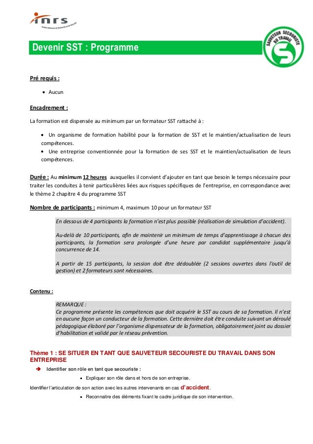Programme Formation Sst Sauveteur Secourisme Du Travail