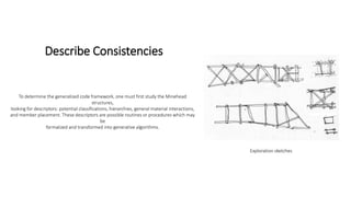 Exploration sketches
To determine the generalized code framework, one must first study the Minehead
structures,
looking for descriptors: potential classifications, hierarchies, general material interactions,
and member placement. These descriptors are possible routines or procedures which may
be
formalized and transformed into generative algorithms.
Describe Consistencies
 