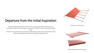 Departure from the Initial Inspiration
While working with the frame-like forms one could imagine alternate architectural
possibilities. What if the frame was a roof structure? What if a floor could be generated
from
the frame, but be related at the same time? What about other structural elements? These
spatial musings lead the experiment through unexpected turns.
2 frames, one with plane
frame with plane, and floor plane
 