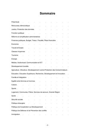 Sommaire
Préambule

.

.

.

.

.

.

.

.

.

.

.

.

.

.

.

.

.

.

.

.

.

.

.

.

.

.

.

.

Réforme et simplification administratives

.

.

.

.

.

Finances publiques, Budget, Trésor, Fiscalité, Place financière .

.

.

Economie

Renouveau démocratique
Justice, Protection des données
Fonction publique

.

.

.

.

.

.

.

.

.

.

.

Travail et Emploi

.

.

.

.

.

.

.

.

Classes moyennes

.

.

.

.

.

.

.

.

Tourisme

.

.

.

.

.

.

.

.

.

Energie

.

.

.

.

.

.

.

.

.

Médias, Audiovisuel, Communication et ICT

.

.

.

.

.

Développement durable.

.

.

.

.

.

.

.

Agriculture, Viticulture, Développement rural et Protection des Consommateurs .
Education, Education Supérieure, Recherche, Développement et Innovation

.

Famille et Intégration

.

.

.

.

.

.

.

.

Egalité entre femmes et hommes

.

.

.

.

.

.

Culture .

.

.

.

.

.

.

.

.

.

Sports .

.

.

.

.

.

.

.

.

.

Logement, Communes, Police, Services de secours, Grande Région

.

.

Santé .

.

.

.

.

.

.

.

.

.

Sécurité sociale .

.

.

.

.

.

.

.

.

Politique étrangère

.

.

.

.

.

.

.

.

.

.

.

.

.

Politique de Défense et de Prévention des conflits

.

.

.

.

Immigration

.

.

.

.

Politique de Coopération au Développement

.

.

.

.

.

-2-

 