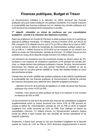 Finances publiques, Budget et Trésor
Le Gouvernement s‟attelera à la réduction du déficit structurel des finances
publiques sans pour autant pratiquer une politique d‟austérité. Il lui importe d‟assurer
la soutenabilité des finances publiques tout en réalisant les priorités politiques qu‟il
s‟est donné et les investissements nécessaires à cet effet.
1er objectif : réinstaller un climat de confiance par une consolidation
budgétaire - priorité à la réduction des dépenses courantes
Selon les projections du Comité de Prévision la dette publique brute du Luxembourg
atteindra,à politique inchangée, 15 milliards d‟euros à l‟horizon 2016, soit 29,2% du
PIB, comparé à 2,5 milliards d‟euros, soit 6,7% du PIB au début de la crise en 2007.
Le Comité prévoit un déficit de l‟ensemble de l‟Administration publique autour de 2% du PIB ou 1 milliard d‟euros en 2015-2016 qui se compose en ce moment d‟un
déficit au niveau de l‟Administration centrale de d‟environ 1,6 milliard d‟euros et d‟un
excédent au niveau de la Sécurité sociale d‟environ 0,6 milliard d‟euros.
Les prévisions de croissance pour les prochaines années se situant autour de 2%,
comparé à une moyenne de croissance supérieure à 4% pendant les années précrise, un réagencement des politiques publiques s‟impose. De plus, l‟environnement
économique est marqué par une plus grande incertitude et volatilité ce qui se
traduira aussi en une plus grande volatilité au niveau des recettes fiscales au cours
des prochaines années.
Compte tenu de la forte volatilité des recettes publiques et des déficits hypothéquant
la soutenabilité des nos finances publiques, le Gouvernement a décidé de prendre
les mesures nécessaires pour atteindre deux objectifs budgétaire principaux :
- atteindre d‟ici la fin de la période de législature un solde structurel des finances
publiques d‟au moins +0,5% du PIB ;
-maîtriser, voire réduire la dette publique de façon à la maintenir à tout moment
en-dessous de 30% du PIB.
Le Gouvernement se doit donc de prendre des mesures de consolidation budgétaire
supplémentaires ayant un impact structurel d‟au moins 2,5% du PIB (prenant en
compte le déficit de l‟Administration centrale de -2% du PIB en 2016 et l‟objectif
budgétaire d‟un solde structurel de 0,5% du PIB). Ceci implique un besoin de
consolidation d‟environ 1,5 milliard d‟euros. Le Gouvernement évaluera chaque
année les efforts à faire compte tenu des résultats de l‟année précédente et de
l‟objectif à atteindre.
Finalement, il faudra tenir compte du fait que l‟excédent budgétaire de la Sécurité
sociale de l‟ordre de 1,5% du PIB en 2013 diminuera progressivement à environ
- 21 -

 