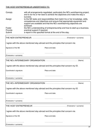 19
THE HOST ENTREPRENEUR UNDERTAKES TO:
Comply with all arrangements negotiated, particularly the NE’s work/learning project,
and to do his or her best to achieve the objectives and make the stay a
success.
Assign to the NE tasks and responsibilities that match his or her knowledge, skills,
competences and objectives and ensure that appropriate equipment and
support are available and that the NE’s work/learning objectives are
achieved.
Foster the NE’s understanding of entrepreneurship and how to start-up a business.
Provide practical support if required.
Submit a report in the specified format at the end of the stay.
THE NEW ENTREPRENEUR: ........................................................................................ (Forename + surname)
I agree with the above mentioned stay abroad and the principles that concern me.
Signature of the NE Place and date:
............................................... ..............................................
(Forename + surname)
THE NE’s INTERMEDIARY ORGANISATION: ................................................................................. (Name)
I agree with the above mentioned stay abroad and the principles that concern my IO.
Coordinator’s signature Place and date:
............................................... ..............................................
(Forename + surname)
THE HE’s INTERMEDIARY ORGANISATION: ................................................................................. (Name)
I agree with the above mentioned stay abroad and the principles that concern my IO.
Coordinator’s signature Place and date:
............................................... ..............................................
(Forename + surname)
THE HOST ENTREPRENEUR: ...................................................................................... (Forename + surname)
I agree with the above mentioned stay abroad and the principles that concern me.
Signature of the HE Place and date:
............................................... ..............................................
(Forename + surname)
 