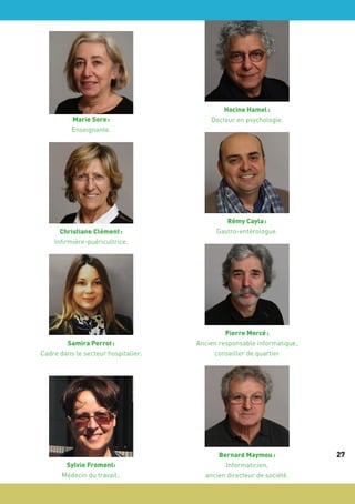 Marie Sore :
Enseignante.

Christiane Clément :
Infirmière-puéricultrice.

Hocine Hamel :
Docteur en psychologie.

Rémy Cayla :
Gastro-entérologue.

Pierre Mercé :
Samira Perrot :
Cadre dans le secteur hospitalier.

Ancien responsable informatique,
conseiller de quartier

Sylvie Fromont:
Médecin du travail..

Bernard Maymou :
Informaticien,
ancien directeur de société.

27

 