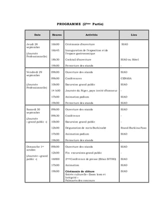 PROGRAMME (2ème Partie)
Date Heures Activités Lieu
Jeudi 28
septembre
(Journée
Professionnelle)
16h00
16h45
18h30
19h00
Cé...